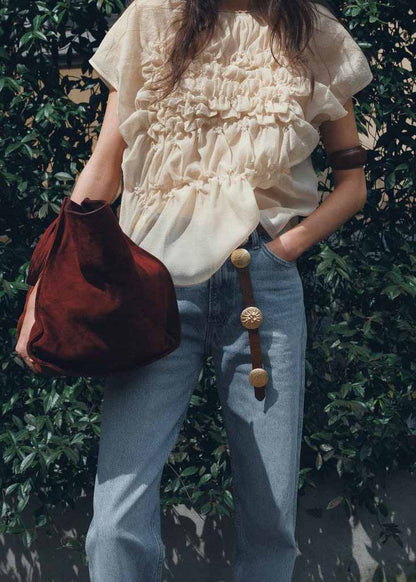 Wrinkled Top O-Neck Summer Fashion Apricot Floral Chiffon