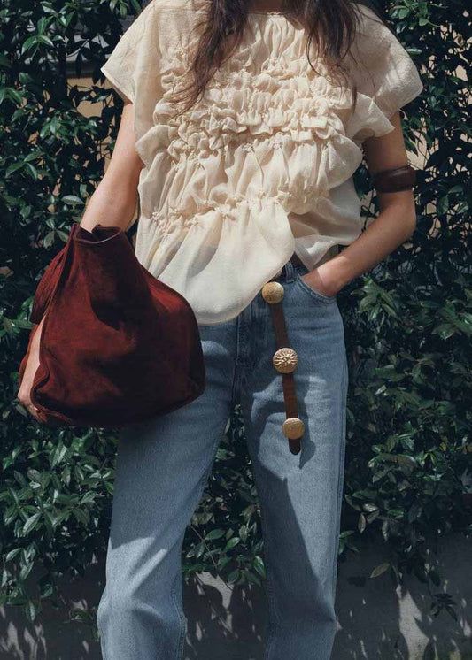 Wrinkled Top O-Neck Summer Fashion Apricot Floral Chiffon