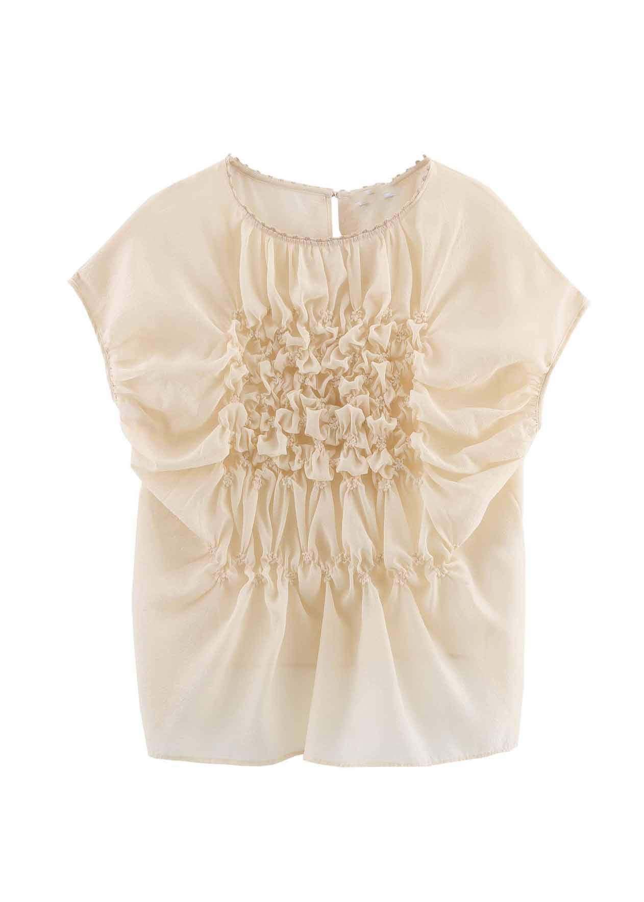Wrinkled Top O-Neck Summer Fashion Apricot Floral Chiffon