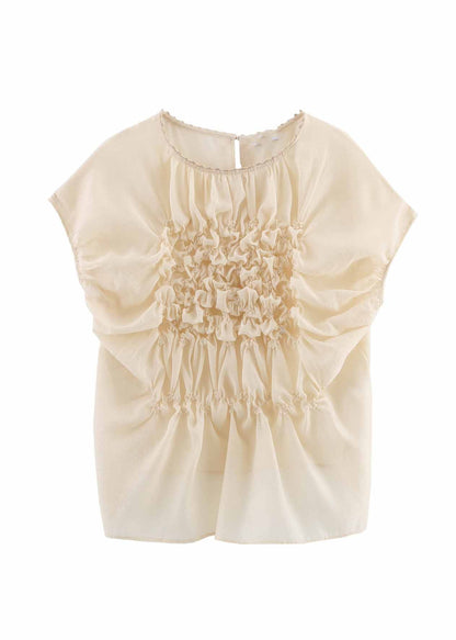 Wrinkled Top O-Neck Summer Fashion Apricot Floral Chiffon