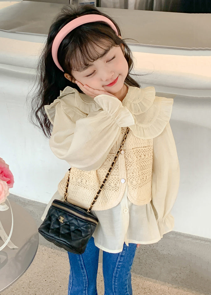 Fashion Apricot Peter Pan Collar False Two Pieces Cotton Knit Girls Shirt Spring YU1034