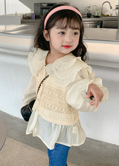 Fashion Apricot Peter Pan Collar False Two Pieces Cotton Knit Girls Shirt Spring YU1034