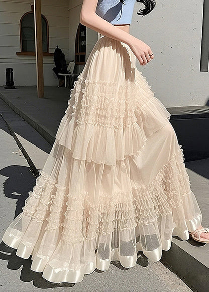 Elastic Tulle Waist Ruffled Skirts Maxi Apricot Fashion Summer