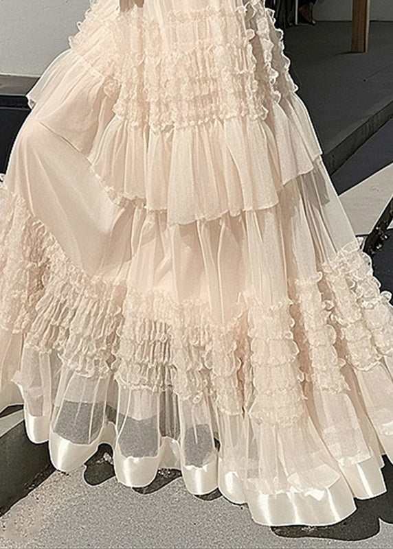 Elastic Tulle Waist Ruffled Skirts Maxi Apricot Fashion Summer