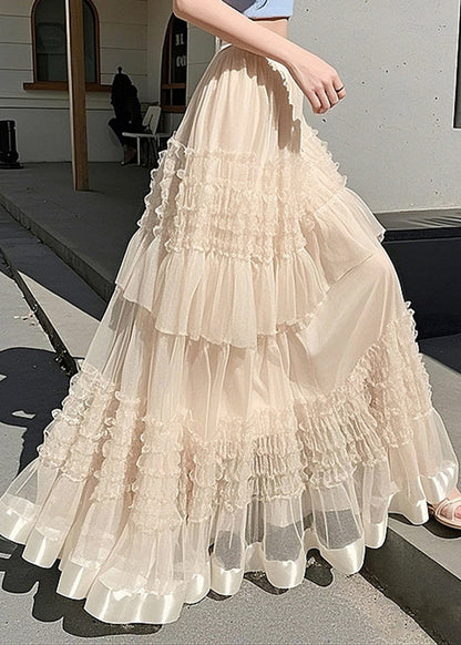 Elastic Tulle Waist Ruffled Skirts Maxi Apricot Fashion Summer