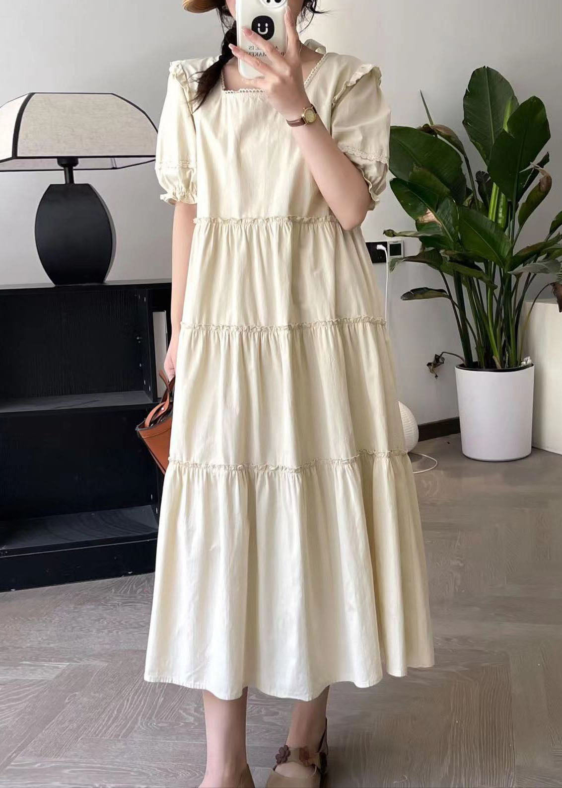 Fashion Apricot Square Collar Long Dress Short Sleeve BV027