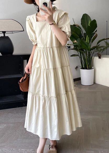 Fashion Apricot Square Collar Long Dress Short Sleeve BV027