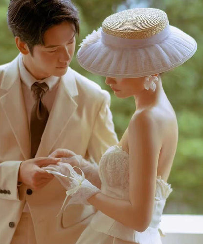 Beige Tulle Wrinkled Woven Fashion Straw Hat Cloche