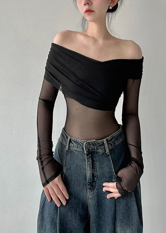 Fashion Black Cold Shoulder Sexy Tulle Blouse Tops Fall AL1059