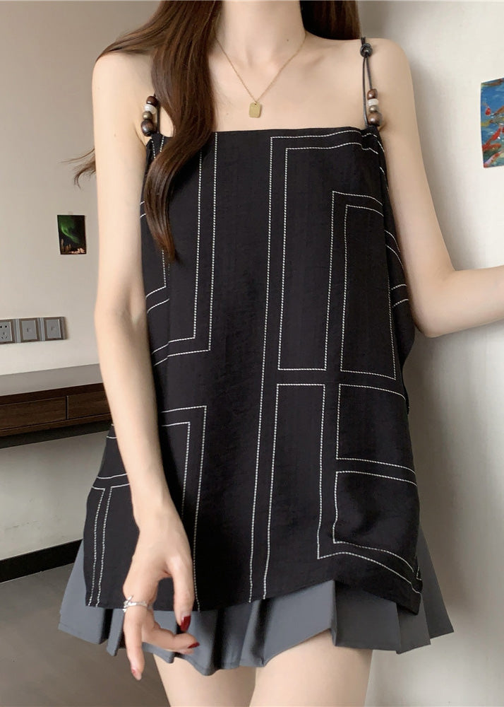 Strap Spaghetti Black Top Summer Fashion Cotton