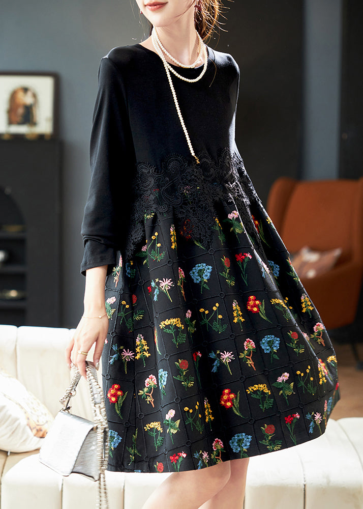 Fashion Black Embroidered Lace Patchwork Cotton Dress Spring RL024