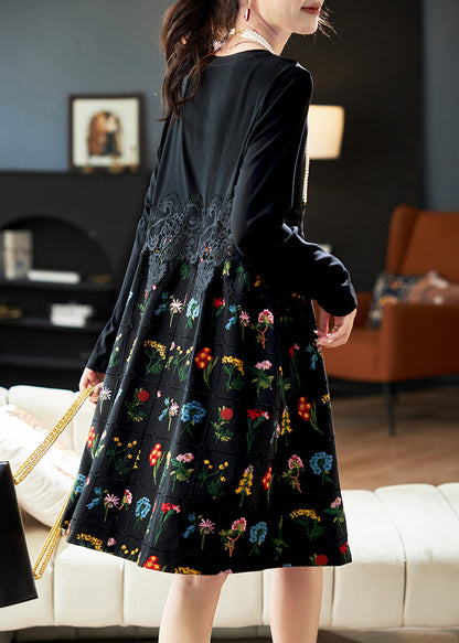 Fashion Black Embroidered Lace Patchwork Cotton Dress Spring RL024