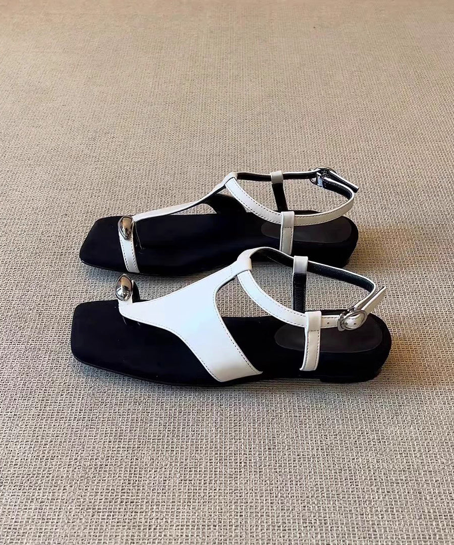 Fashion Leather Flat Black Sandals Splicing Flops Flip Faux