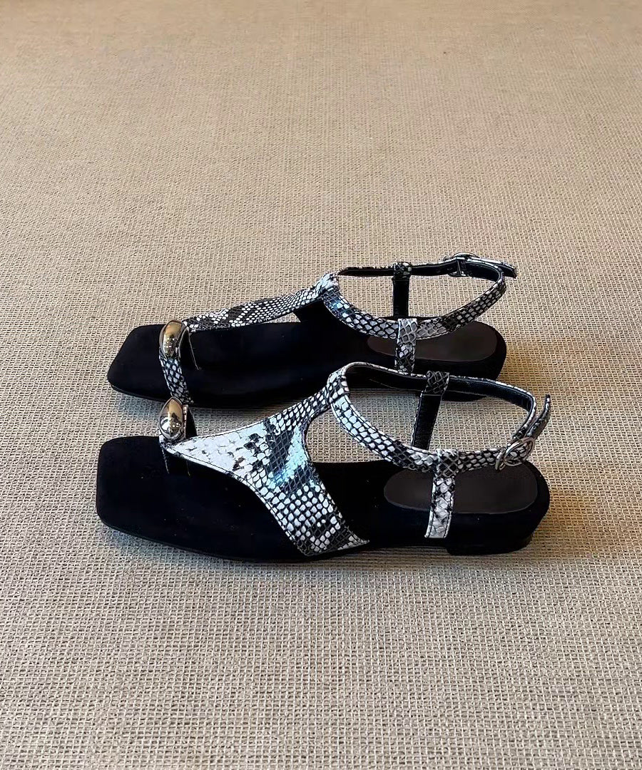 Fashion Leather Flat Black Sandals Splicing Flops Flip Faux