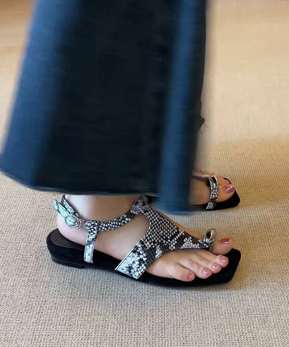 Fashion Leather Flat Black Sandals Splicing Flops Flip Faux