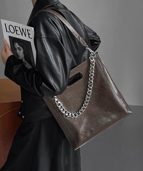 Capacity Large Linked Calf Shoulder Fashion Leather Chain Black