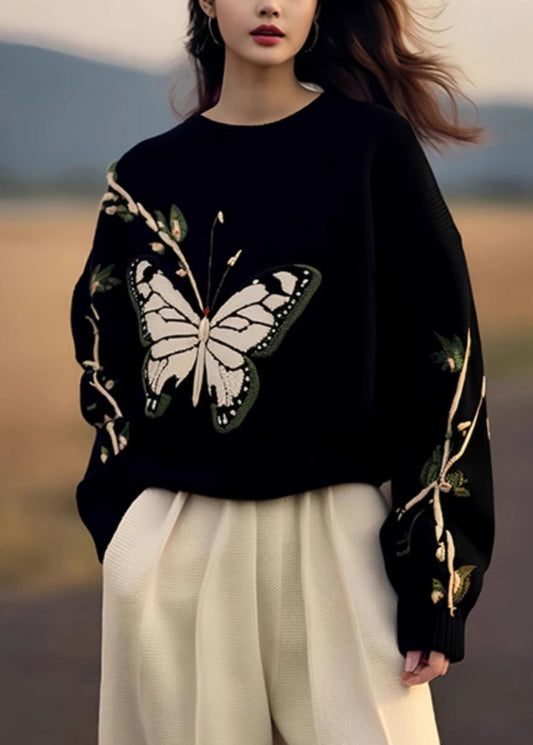 Fashion Black O Neck Butterfly Print Knit Sweaters Spring YY007