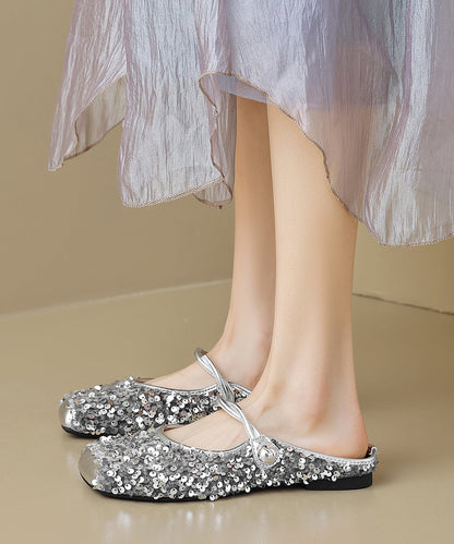 Strap Splicing Sandals Black Fashion Sequins Buckle Slide