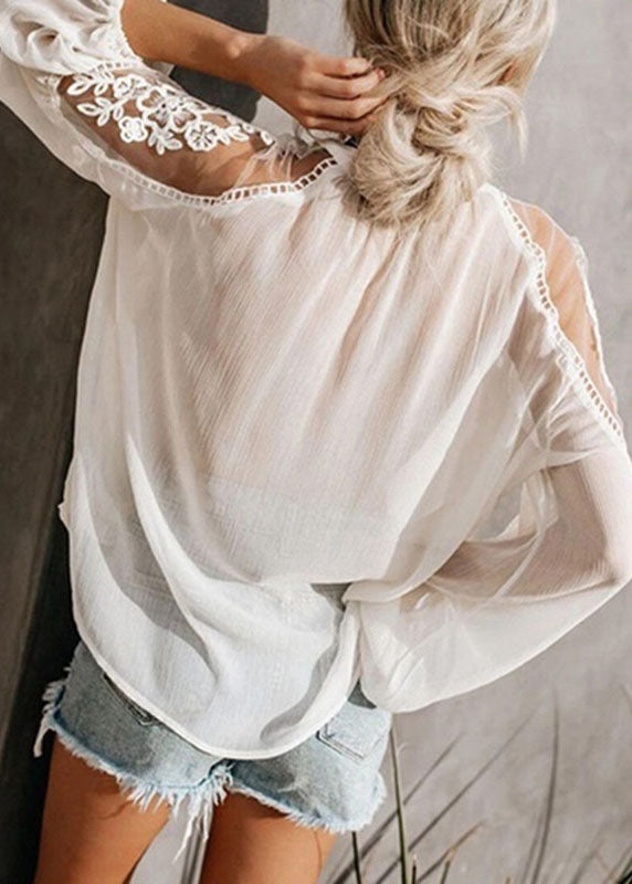 Lantern Floral Neck Tops Sleeve Chiffon V Black Fashion