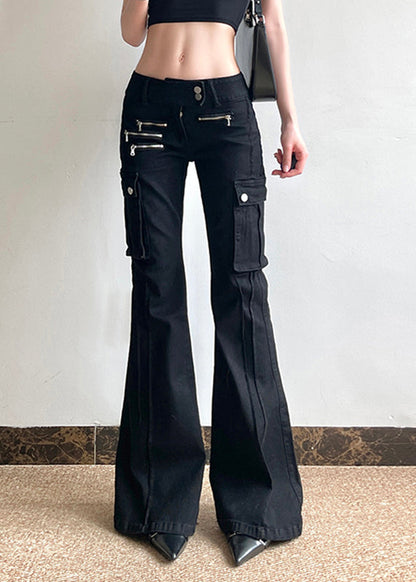 Black Fashion Pockets Flared Zippered High Patchwork Waist Denim