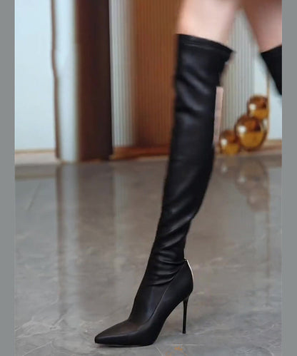 Fashion Black Zippered Splicing Stiletto Knee Boots TE012