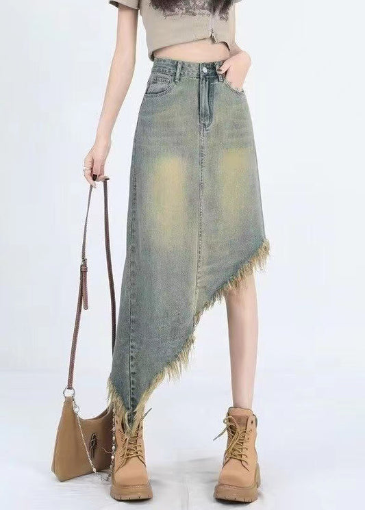 Mode Blau Asymmetrische Tasseled Denim Rock Sommer EE1012