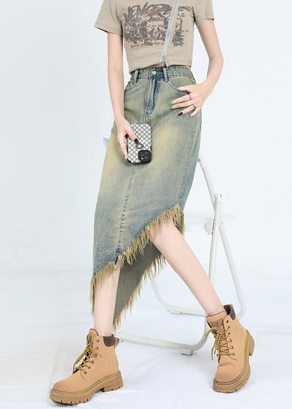 Mode Blau Asymmetrische Tasseled Denim Rock Sommer EE1012