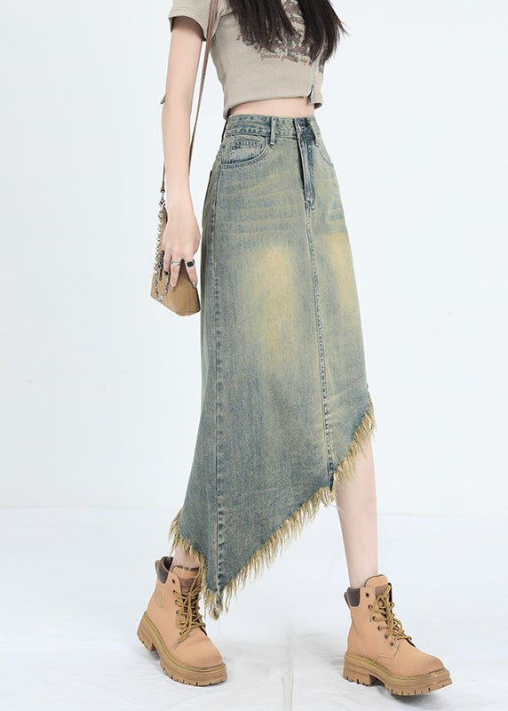 Mode Blau Asymmetrische Tasseled Denim Rock Sommer EE1012