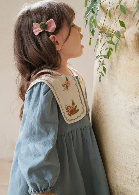 Fashion Blue Embroideried Patchwork Girls Long Dress Fall SS1034