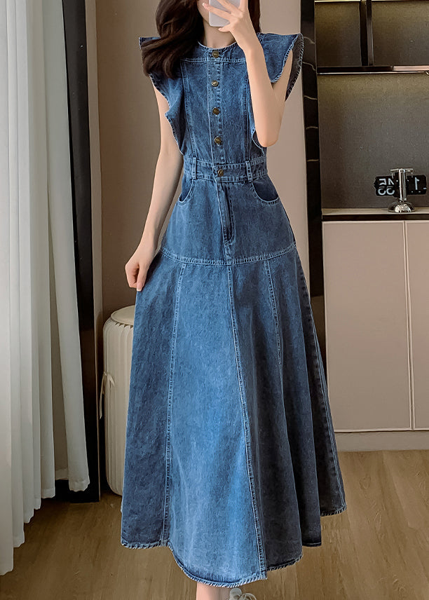 Denim Neck Butterfly Sleeve Patchwork Blue Dress O Fashion Long