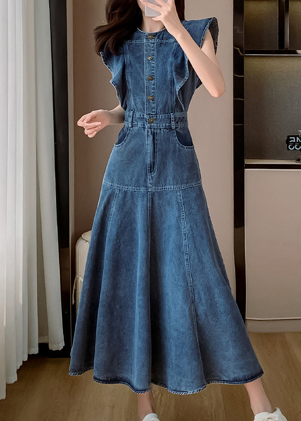 Denim Neck Butterfly Sleeve Patchwork Blue Dress O Fashion Long
