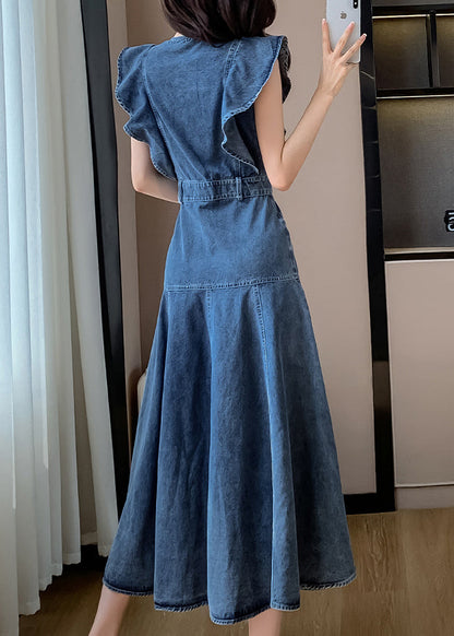 Denim Neck Butterfly Sleeve Patchwork Blue Dress O Fashion Long