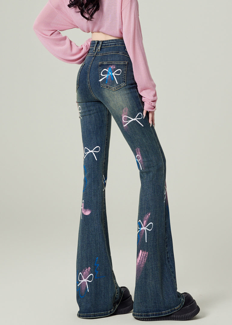 Fashion Blue Pockets Bow Print Denim Flared Trousers Spring TN020