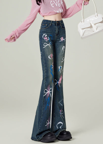 Fashion Blue Pockets Bow Print Denim Flared Trousers Spring TN020