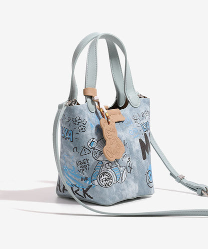 Denim Bucket Blue Print Fashion Patchwork Bag