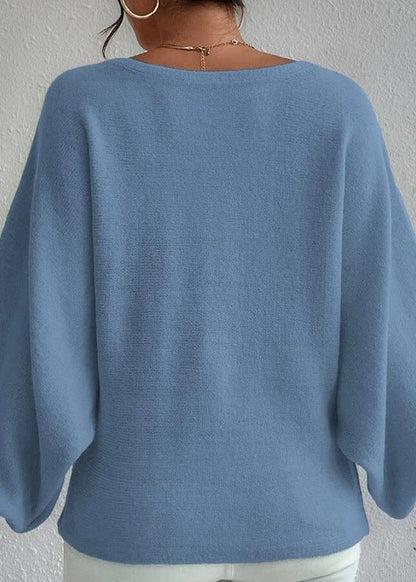 Pull en tricot bleu tendance à col bateau et manches lanternes QY017