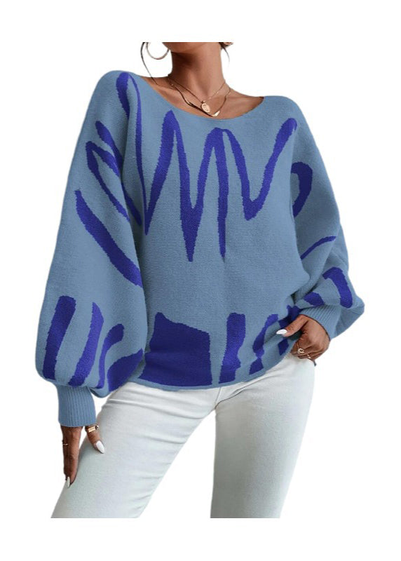 Pull en tricot bleu tendance à col bateau et manches lanternes QY017