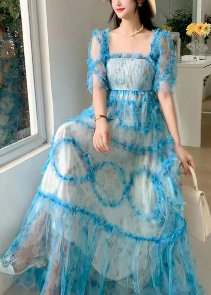 Fashion Blue Square Collar Ruffled Print Tulle Long Dress Summer XX075