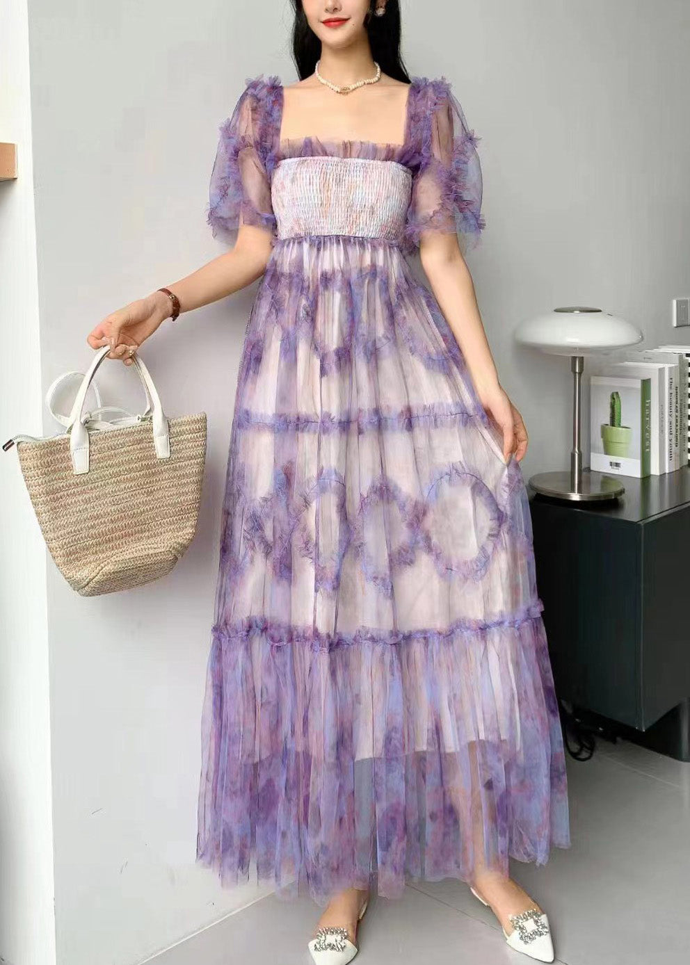 Fashion Blue Square Collar Ruffled Print Tulle Long Dress Summer XX075