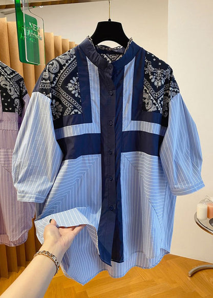 Fashion Blue Stand Collar Print Patchwork Shirt Fall UU039