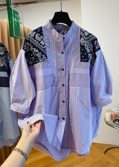 Fashion Blue Stand Collar Print Patchwork Shirt Fall UU039