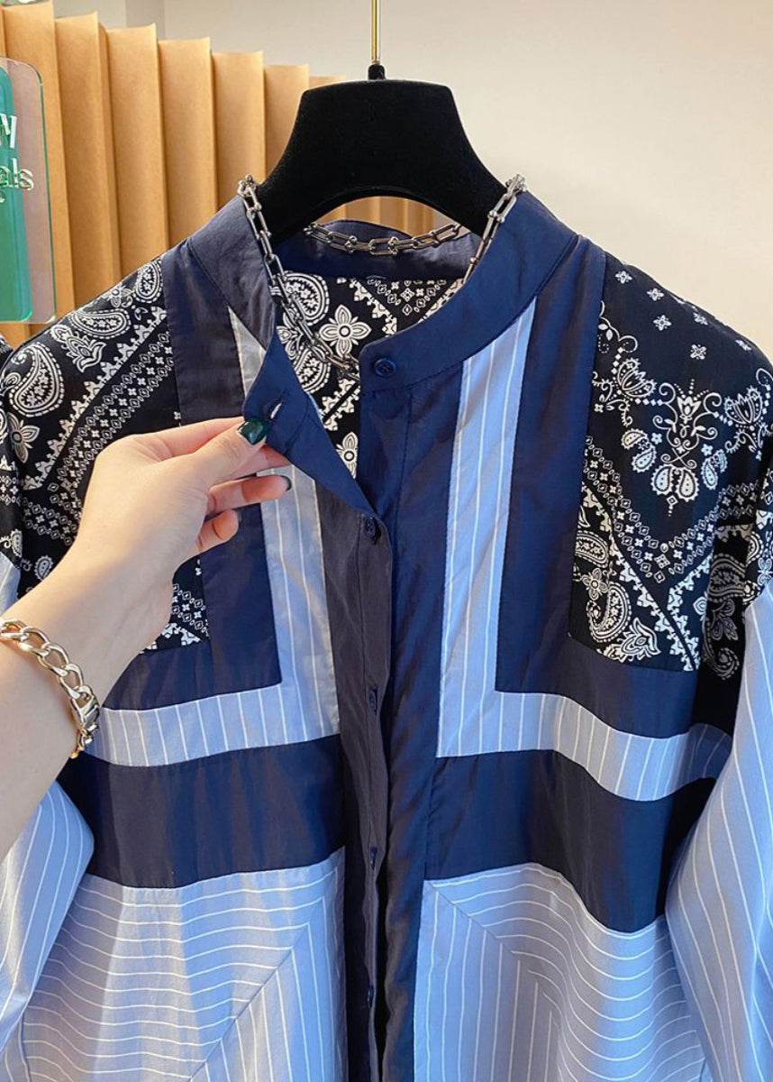 Fashion Blue Stand Collar Print Patchwork Shirt Fall UU039