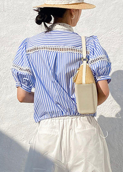Fashion Out Summer Striped Blue Blouses Cotton Hollow