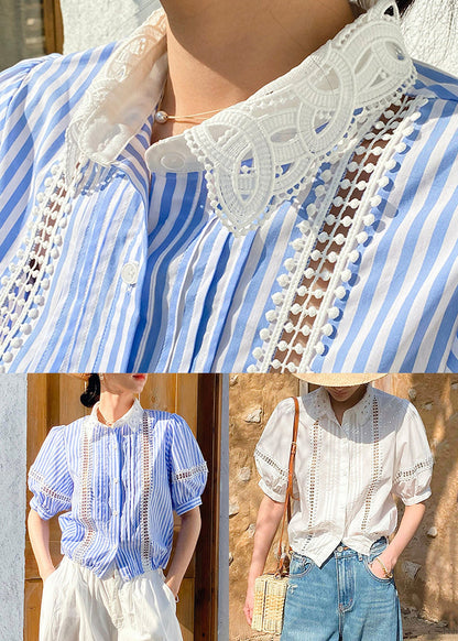 Fashion Out Summer Striped Blue Blouses Cotton Hollow