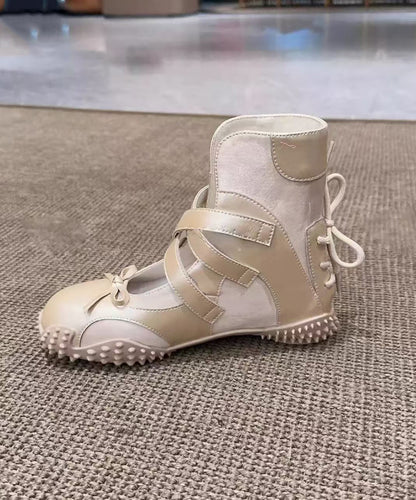 Nude Up Fashion Lace Bow Leather Shoes Faux Splicing Flats