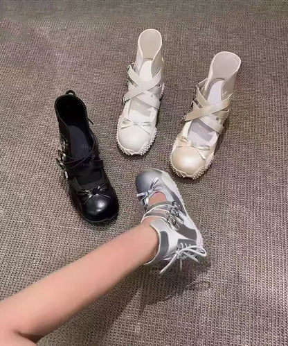 Nude Up Fashion Lace Bow Leather Shoes Faux Splicing Flats