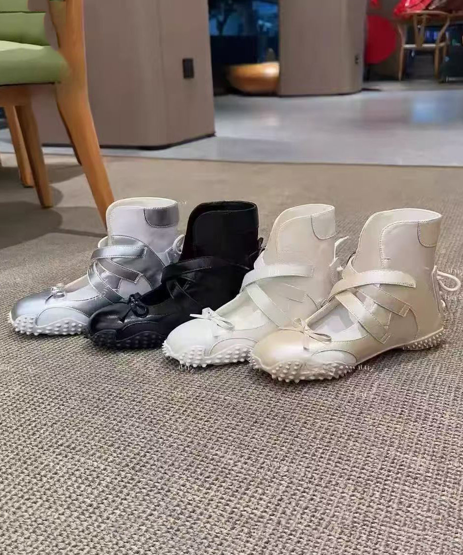 Nude Up Fashion Lace Bow Leather Shoes Faux Splicing Flats