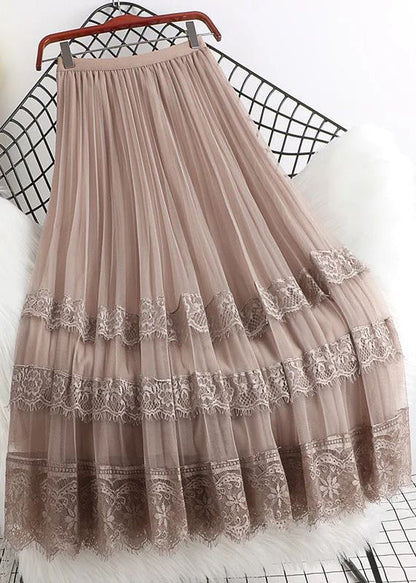 Maxi Lace Tulle Brown Woman Fashion High Skirts Mesh Waist