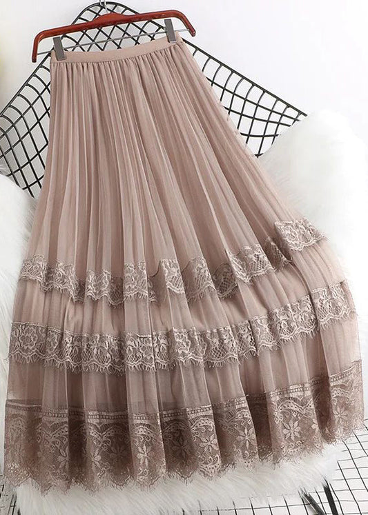 Maxi Lace Tulle Brown Woman Fashion High Skirts Mesh Waist