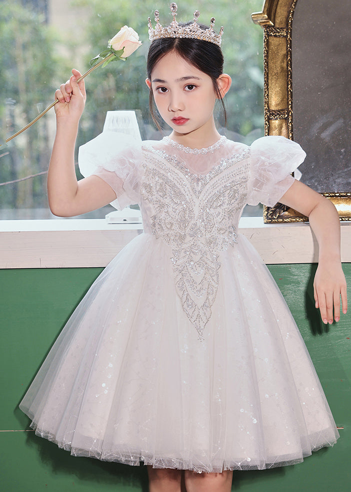 Fashion Champagne O-Neck Patchwork Sequins Tulle Kids Long Dresses Summer XZ041